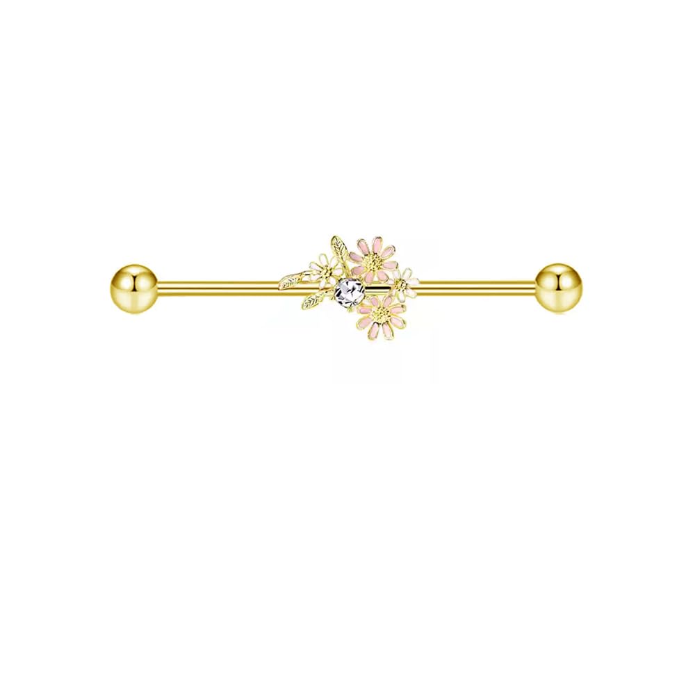 IMINI 14G Smalto Margherita Fiore Orecchino Bilanciere Industriale per Donna Uomo Acciaio Inossidabile CZ Fiori Vite Sfera Cartilagine Elica Orecchini a perno Gioielli Regali Barra Lunga 38mm (Oro)