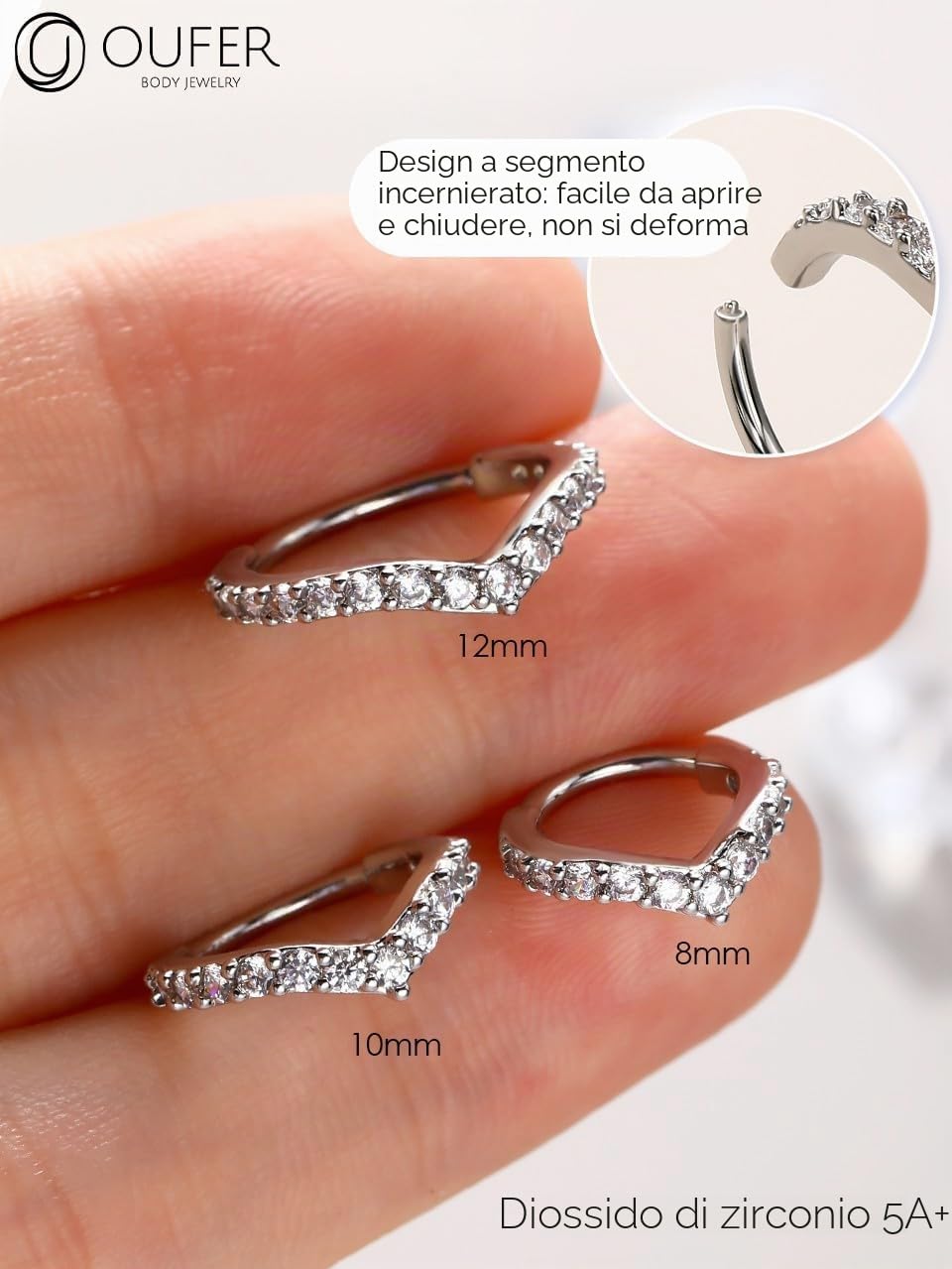 OUFER Cartilage Helix Earring Hoop 16G V-Shaped Orbital Conch Ring Gold Silver Tragus Rook Daith Piercings Jewellery Clicker CZ Snug Surgical Steel Forward Top of Ear Septum Nose Ring,8 10 12mm