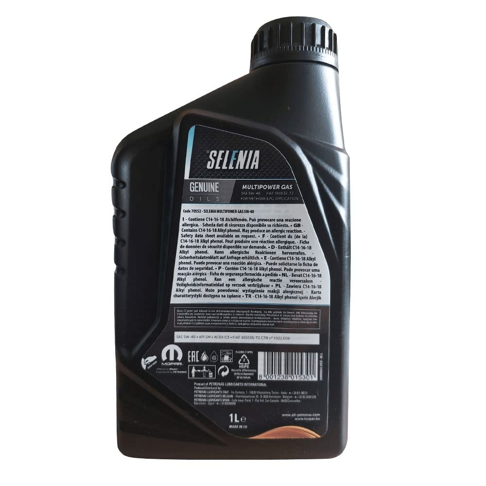 OLIO MOTORE AUTO SELENIA PETRONAS 5W40 MULTIPOWER GAS LITRI 2
