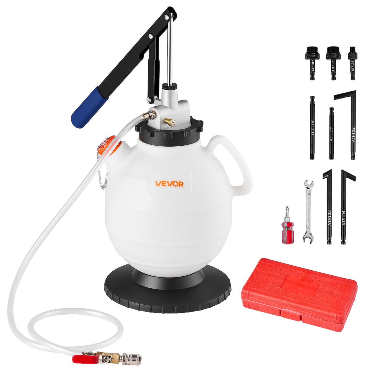 VEVOR Pompa per Fluido di Trasmissione, capacità 7,5 L, Pompa di Trasferimento Fluido con 8 Adattatori ATF e Attacco di Uscita da 120 cm, Erogatore per Estrattore di Olio per Auto, Tosaerba