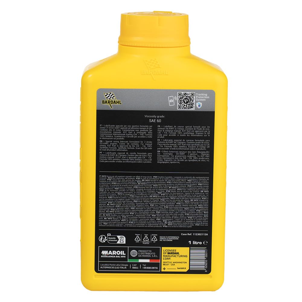 Bardahl - KXT KART SAE 60 - Olio Kart per Motori a 2 Tempi, Aumenta la Potenza del Motore 2T, Proprietà Anti-Grippaggio e Massime Prestazioni, Formula Concentrata Utilizzabile a Basso Dosaggio, 1 L