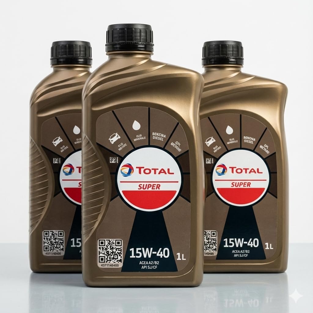 Kit 12 Litri Olio Motore Total Super 15W40 (12x1L) Lubrificante Auto Benzina Diesel GPL e Metano - Set Risparmio Rabbocco