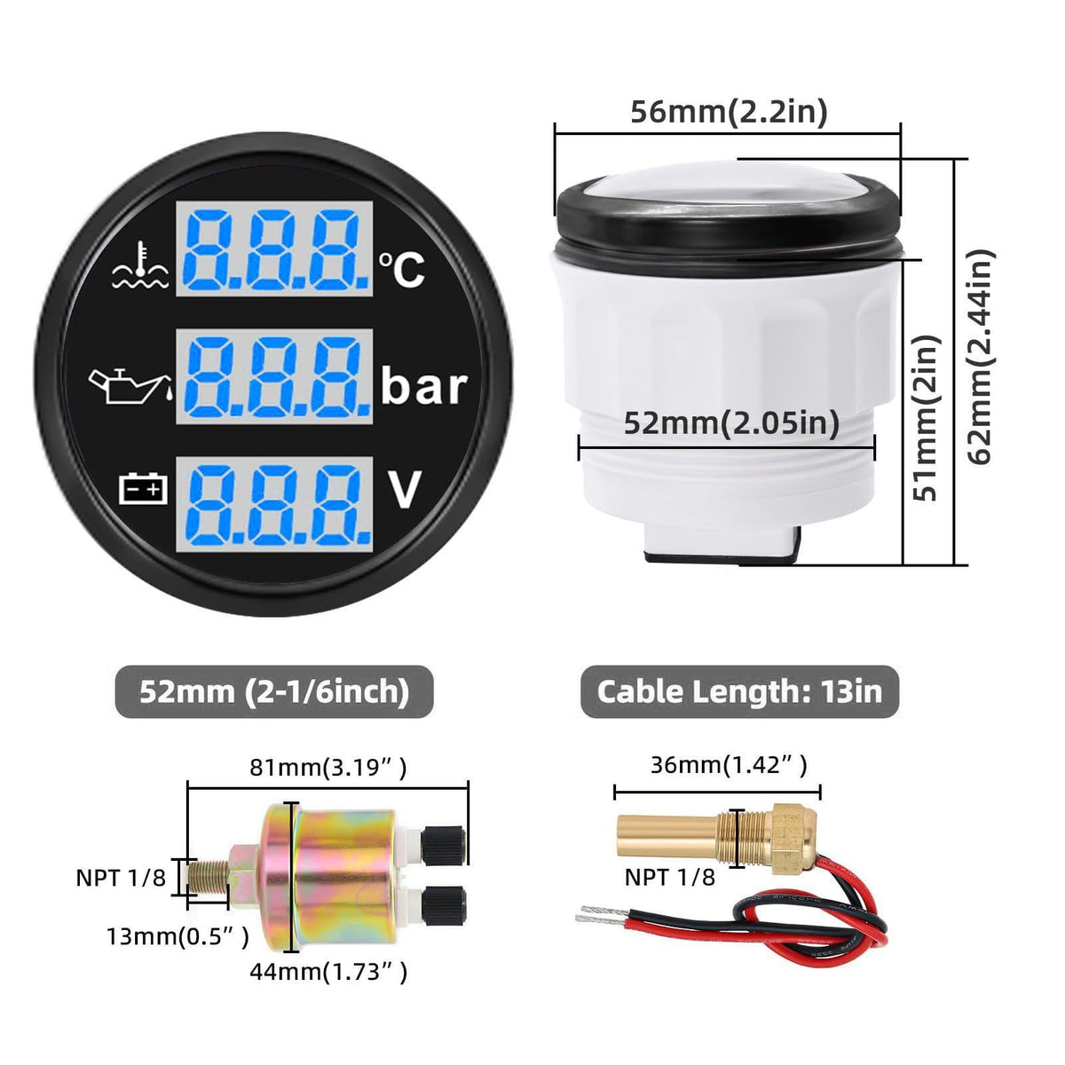 Cancellatura digitale cheotime, 52mm 3 in 1 calibro barca con temperatura dell'acqua, pressione dell'olio e voltmetro, IP67 Triple metro per auto, camion, motociclette (Black Dial Black Cover)