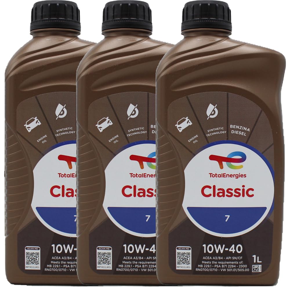 TOTAL 218996 CLASSIC 7 NUOVA FORMULA OLIO MOTORE A BASE SINTETICA 10W40 PER MOTORI DIESEL E BENZINA SENZA DPF. ADATTO ANCHE PER MOTORI GPL/METANO. CONFEZIONE 3 LITRI