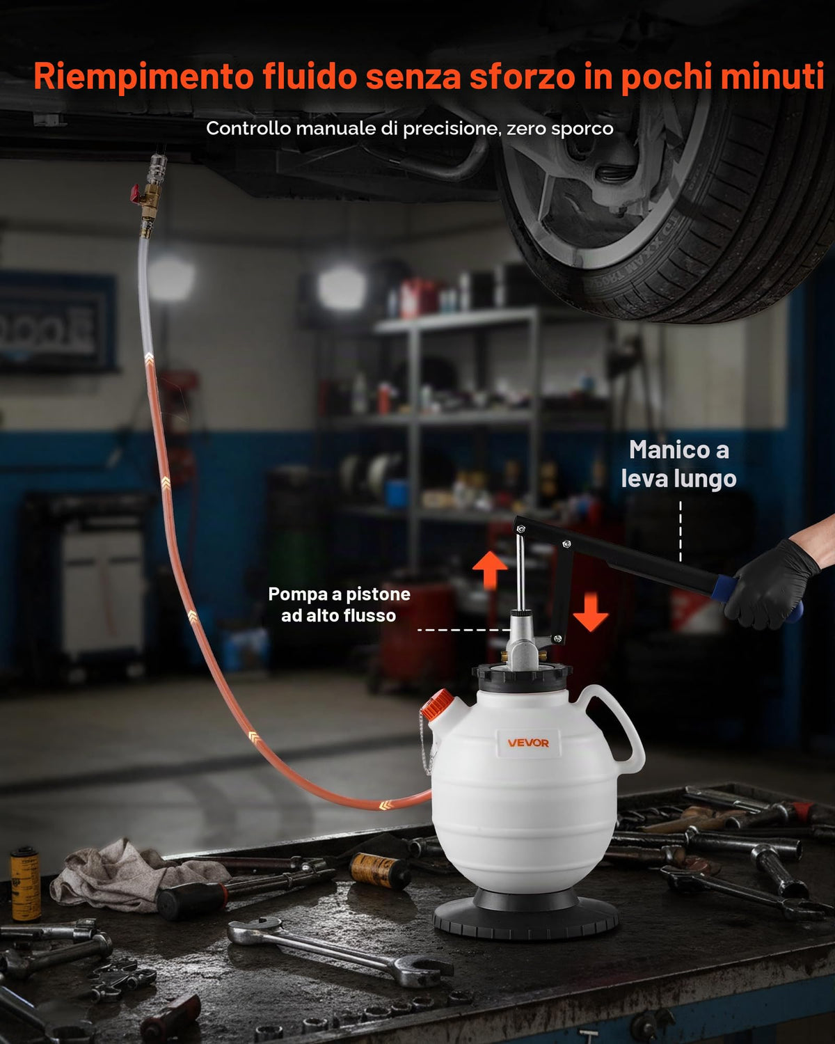 VEVOR Pompa per Fluido di Trasmissione, capacità 7,5 L, Pompa di Trasferimento Fluido con 8 Adattatori ATF e Attacco di Uscita da 120 cm, Erogatore per Estrattore di Olio per Auto, Tosaerba