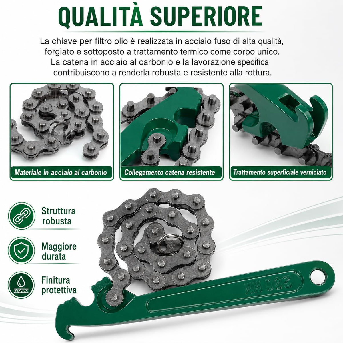 topolenashop Chiave a Catena 9" per Filtro Olio – Estrattore Professionale con Catena Regolabile 420 mm e Manico 220 mm, per Filtri Auto, Moto, Tubi, Raccordi e Componenti Meccanici | 05041