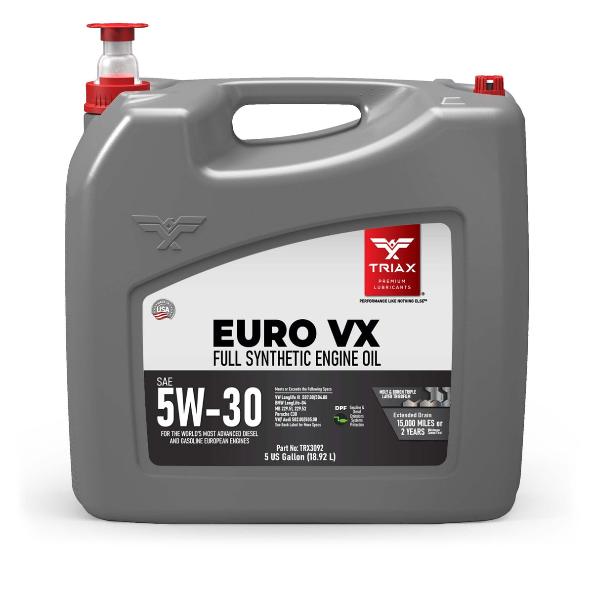 TRIAX Euro VX SAE 5W-30 Olio Motore Sintetico PAO Ester - Motori Benzina e Diesel con DPF e SCR - ACEA C3 API SP - VW/Audi 504.00 507.00 502.00 505.01 - BMW LL-04 - MB 229.51 229.31 (3 x 5 quarts)