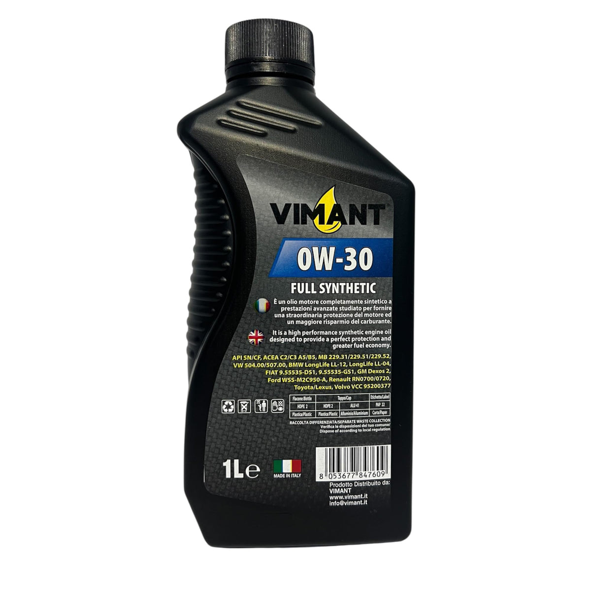 VIMANT Olio Motore Auto SAE 0W-30, 5 Litri, 5x1L,100% Sintetico, API SN/CF, ACEA C2/C3 A5/B5, MADE IN ITALY