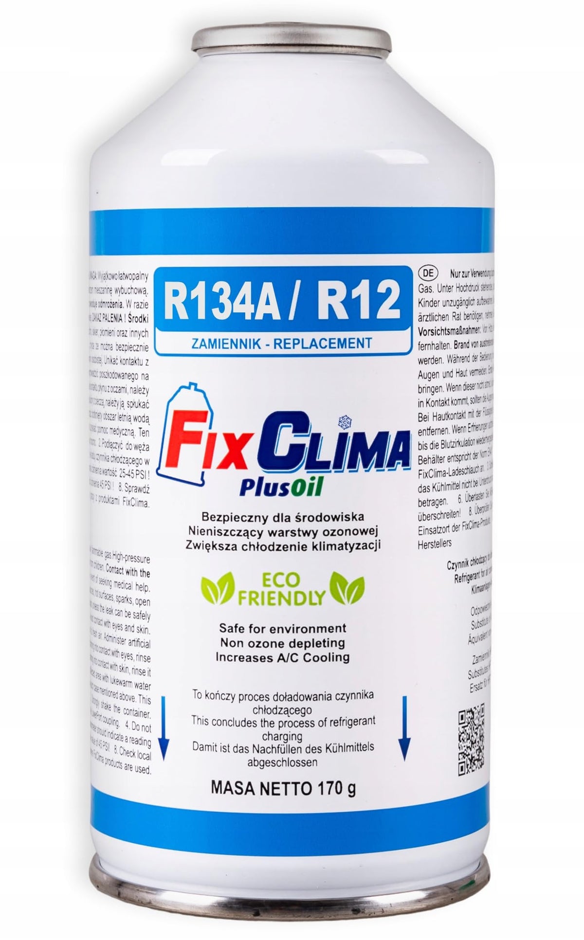 FixClima R134a R12 - Set di ricarica di gas refrigerante per auto dal 1994 al 2016, 5 bombolette da 170 g di gas refrigerante con olio integrato