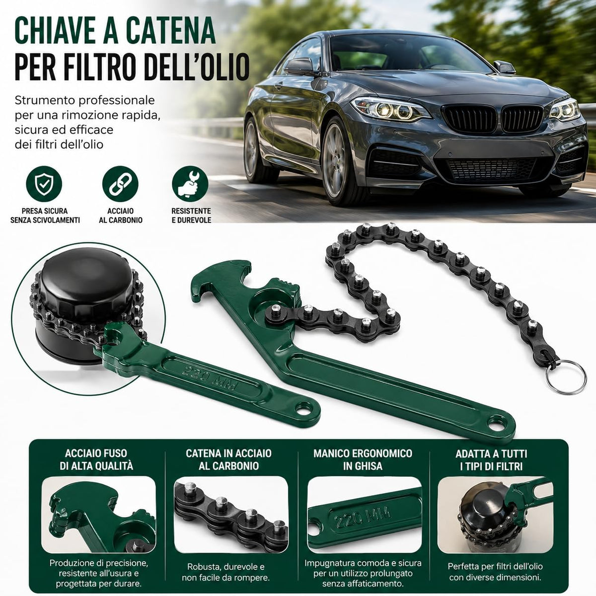 topolenashop Chiave a Catena 9" per Filtro Olio – Estrattore Professionale con Catena Regolabile 420 mm e Manico 220 mm, per Filtri Auto, Moto, Tubi, Raccordi e Componenti Meccanici | 05041
