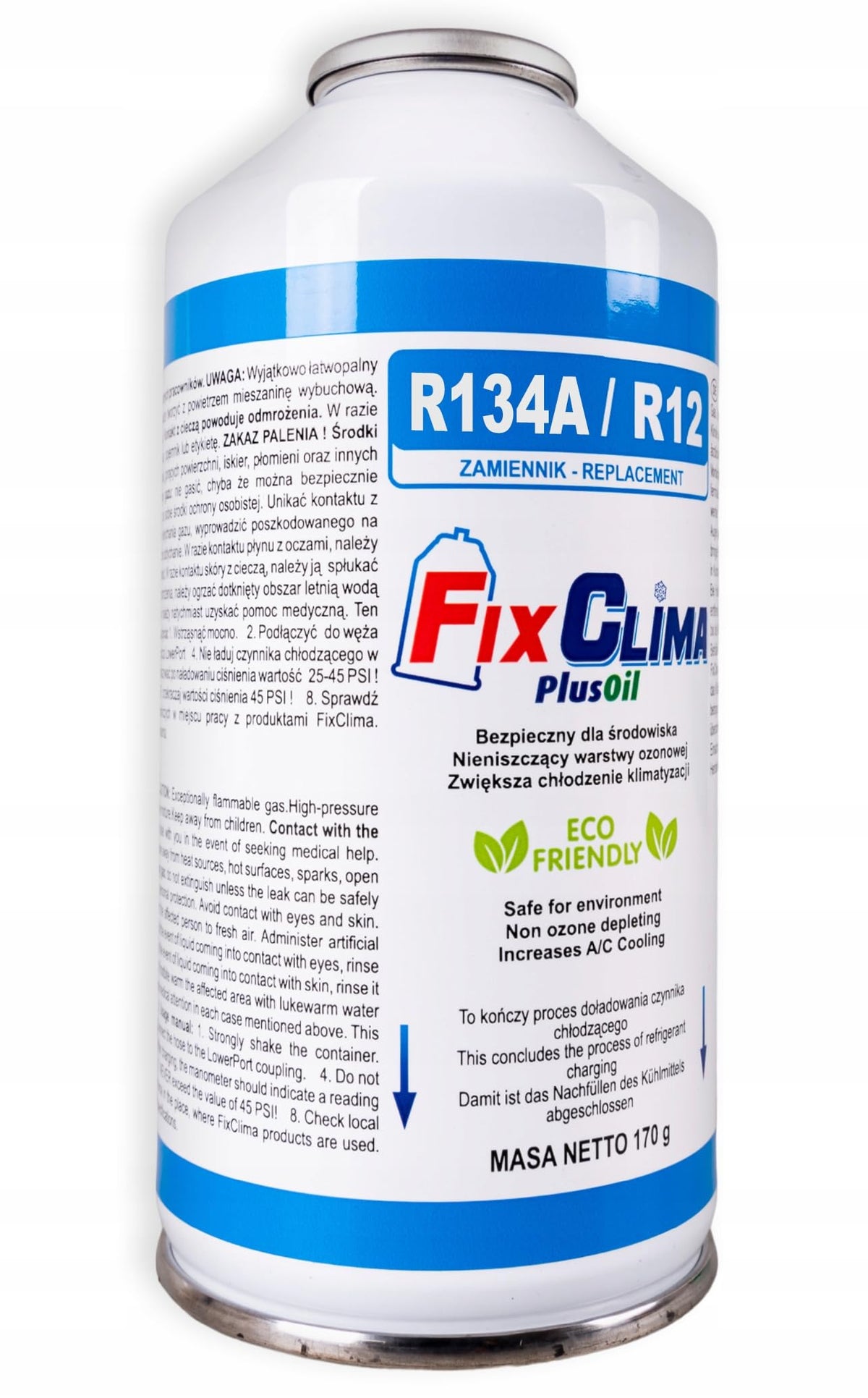 FixClima R134a R12 - Set di ricarica di gas refrigerante per auto dal 1994 al 2016, 5 bombolette da 170 g di gas refrigerante con olio integrato