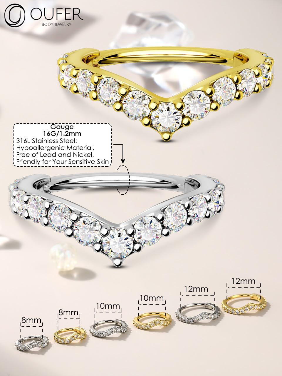 OUFER Cartilage Helix Earring Hoop 16G V-Shaped Orbital Conch Ring Gold Silver Tragus Rook Daith Piercings Jewellery Clicker CZ Snug Surgical Steel Forward Top of Ear Septum Nose Ring,8 10 12mm