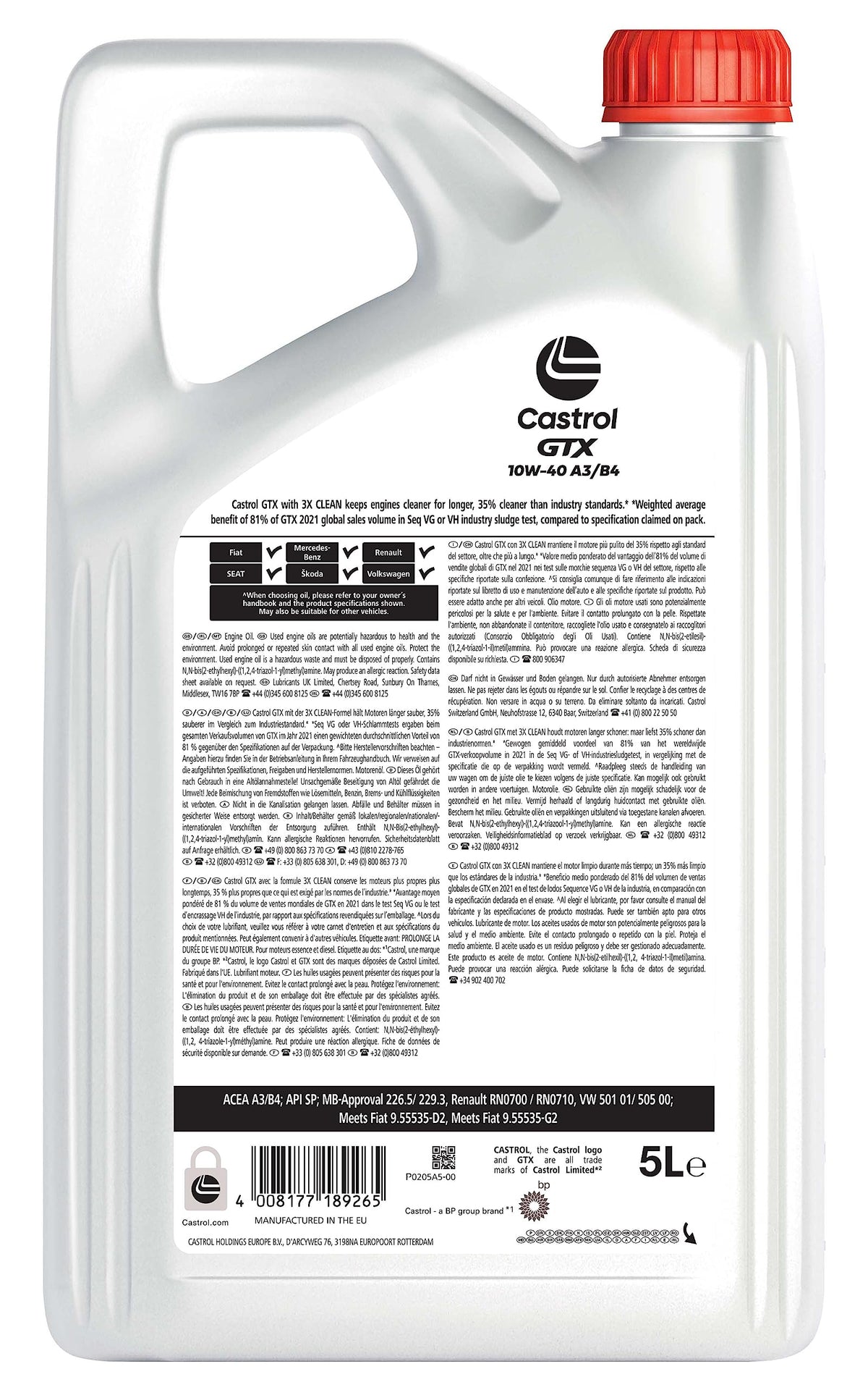 Castrol GTX 10W-40 A3/B4 Olio Motore per auto SemiSintetico, 5L