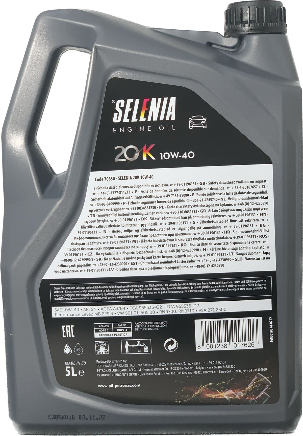SELENIA Olio motore 10W-40 Olio parzialmente sintetico 5 L Compatibilità con RENAULT Clio 3 Hatchback BR0/1, CR0/1 Clio 2 BB0/1/2, CB0/1/2, PEUGEOT 206 2 volumi/Coda spiovente 2A/C 207 WA, WC