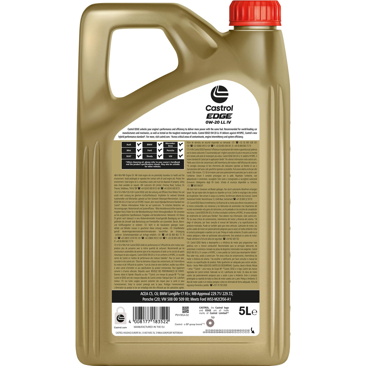 CASTROL Olio motore EDGE 0W-20 Olio sintetico 100% 5 L Compatibilità con VW Polo Hatchback 6R1, 6C1 Golf 7 Hatchback 5G1, BQ1, BE1, BE2 T-Roc A11, BMW 1 Hatchback F20, AUDI A3 Sportback 8VA, 8VF