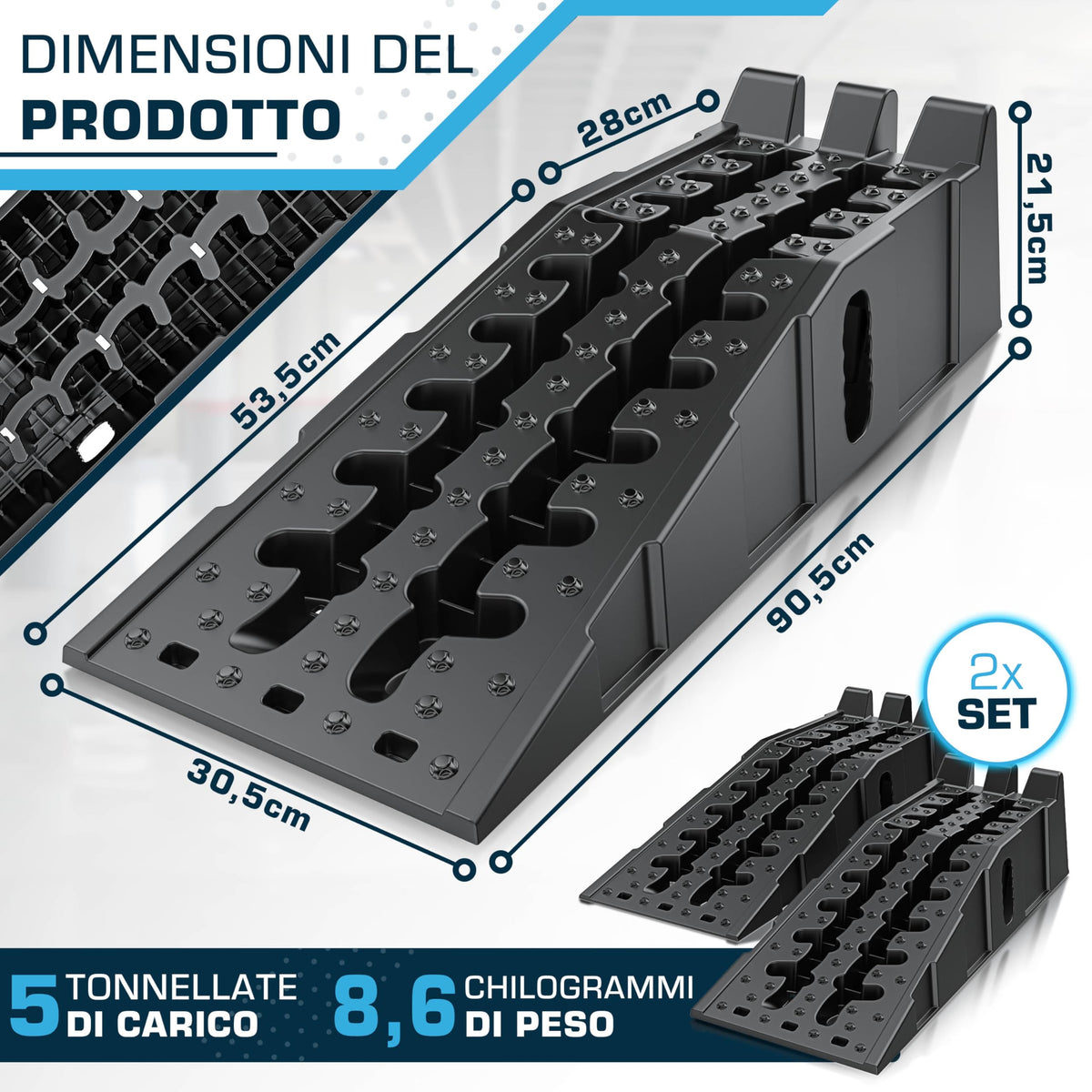 SELLOGX Rampe auto 2 pezzi | Fino a 5t | Rampa robuste e antiscivolo | Sollevamento e accesso per garage, officina, camper, rimorchio, cambio olio e riparazioni | Carrabili per la massima aderenza