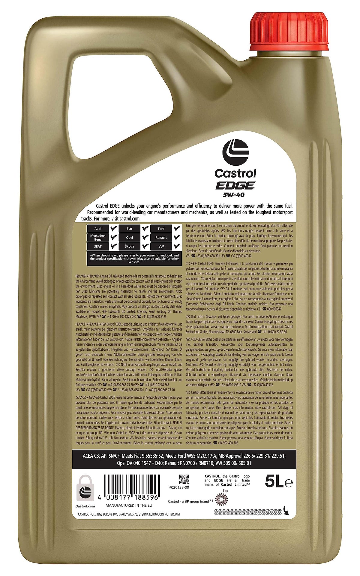 Castrol EDGE 5W-40 Olio Motore per auto Totalmente Sintetico, 5L