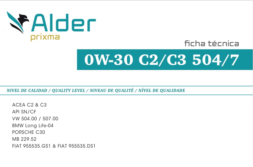 Olio Motore Alder 0w30 Acea C2/C3 -API SN/CF-VW 504.00/507.OO-BM LONG LIFE 04-MB 22952 -PORSC C 30 - FIAT 9.555535 DS1-GS1.Per Diesel e Benzina 5 Litri