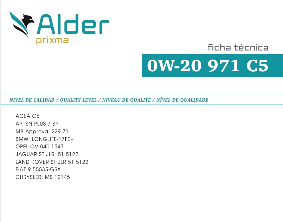Olio Motore Auto Alder 0W-20 - ACEA C5 API SN PLUS/SP MB Approval 229.71-5 Litri