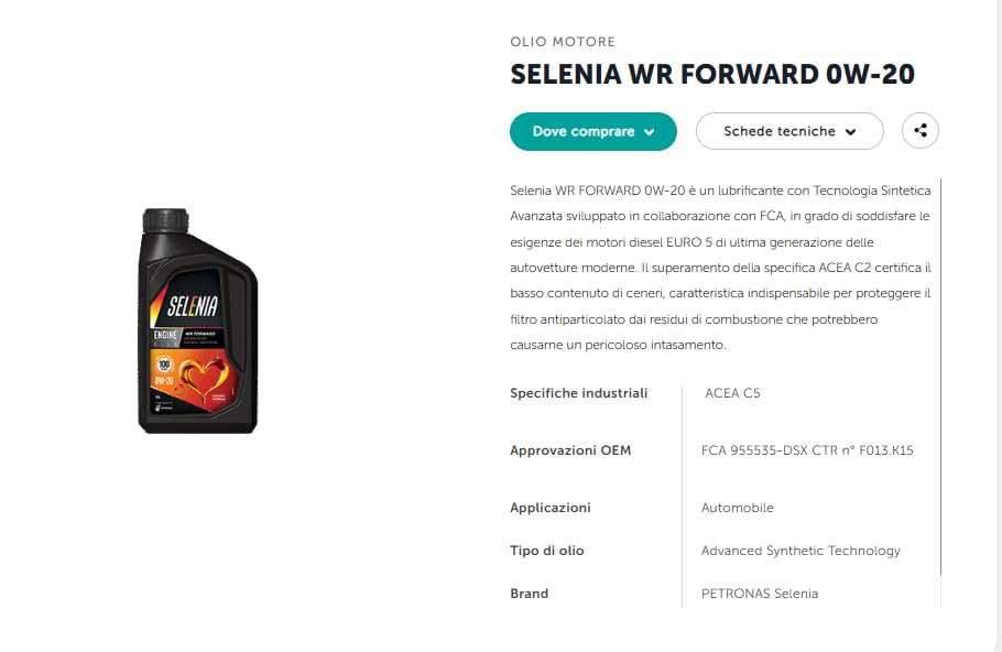 Selenia 0w20 wr forward -ACEA C5 - FCA 955535-DSX CTR n. F013.K15 - Produzione europea original -Per Motori Diesel-5 Litri