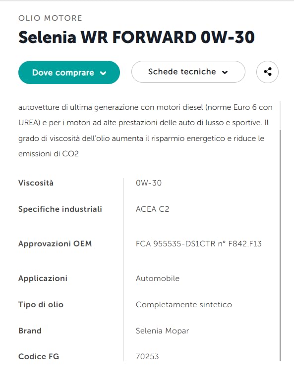 Selenia wr forward 0w30 ACEA C2,C3 - FCA 955535-DS1 - DH1- CTR n. F842.F13 Produzione Europea-Petronas Original (5 Litri)
