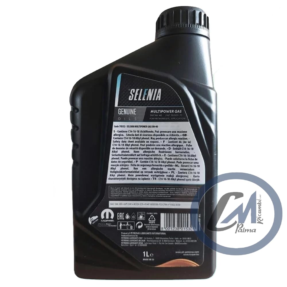 KIT 4 LITRI SELENIA MULTIPOWER GAS 5W-40 METANO MOPAR API SM ACEA C3 9.55535-T2