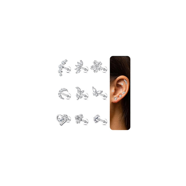 ADRAMATA 9Pcs 16G Orecchini Cartilagine per Donna - Set Tragus Helix Conch Filettati Interna Labret CZ Farfalla Luna Oro Argento Piercing