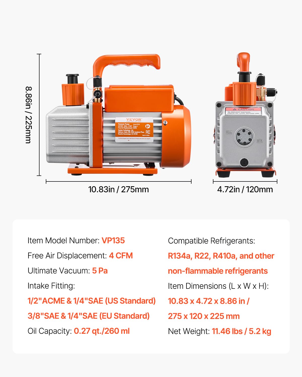 VEVOR Pompa per Vuoto 4 CFM, Pompa per Vuoto a Palette Rotanti Monostadio HVAC per Sistemi Kit Pompa per Vuoto AC per Auto con Contenitore per Olio per Manutenzione Aria Condizionata da Veicoli