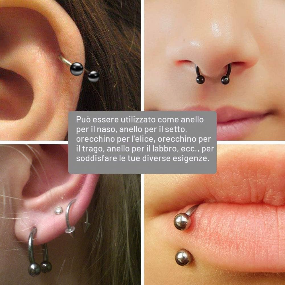 Rajnard Piercing Naso Piercing Septum Anelli 16G 8mm Acciaio Chirurgico e plastica Helix Tragus Piercing Cartilagine Labbro Labbro Anello a Ferro di Cavallo Perla Sfera Fluorescente