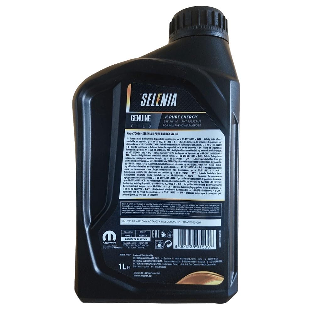 OLIO MOTORE SELENIA K PURE ENERGY SAE 5W40 ACEA C3 PER MOTORI BENZINA MULTIAIR. CONFEZIONE DA 2 LITRI