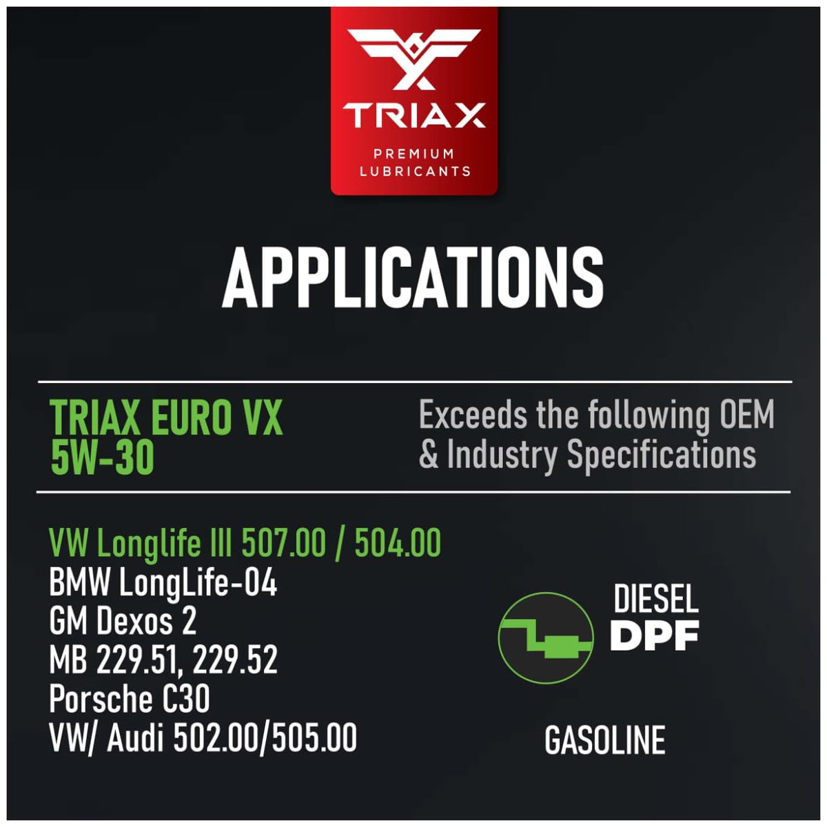 TRIAX Euro VX SAE 5W-30 Olio Motore Sintetico PAO Ester - Motori Benzina e Diesel con DPF e SCR - ACEA C3 API SP - VW/Audi 504.00 507.00 502.00 505.01 - BMW LL-04 - MB 229.51 229.31 (3 x 5 quarts)