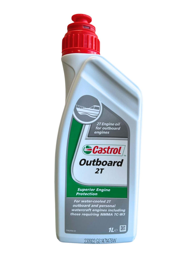 Olio motore barca fuoribordo a 2 tempi lubrificante Castrol Outboard 2T con Portachiavi Cavatappi conf. 5x1lt