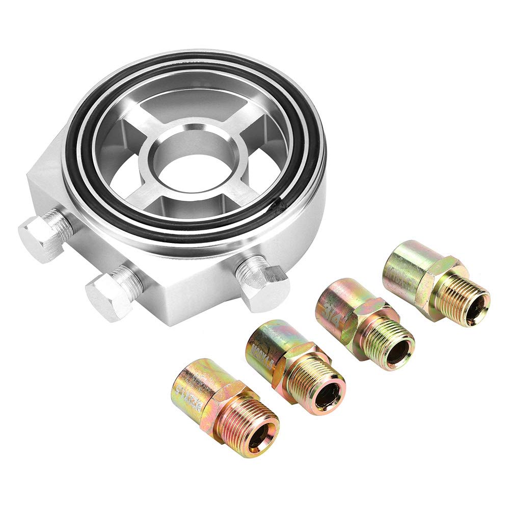 TKSE Piastra sandwich filtro olio, Adattatore per piastra sandwich con indicatore di temperatura del filtro dell'olio universale in alluminio argentato