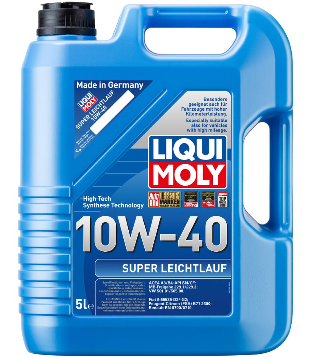 LIQUI MOLY Olio motore Leichtlauf 10W-40 Olio parzialmente sintetico 5 L Compatibilità con RENAULT Clio 3 Hatchback BR0/1, CR0/1 Clio 2 BB0/1/2, CB0/1/2, PEUGEOT 206 2 volumi/Coda spiovente 2A/C