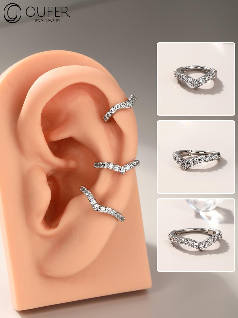 OUFER Cartilage Helix Earring Hoop 16G V-Shaped Orbital Conch Ring Gold Silver Tragus Rook Daith Piercings Jewellery Clicker CZ Snug Surgical Steel Forward Top of Ear Septum Nose Ring,8 10 12mm