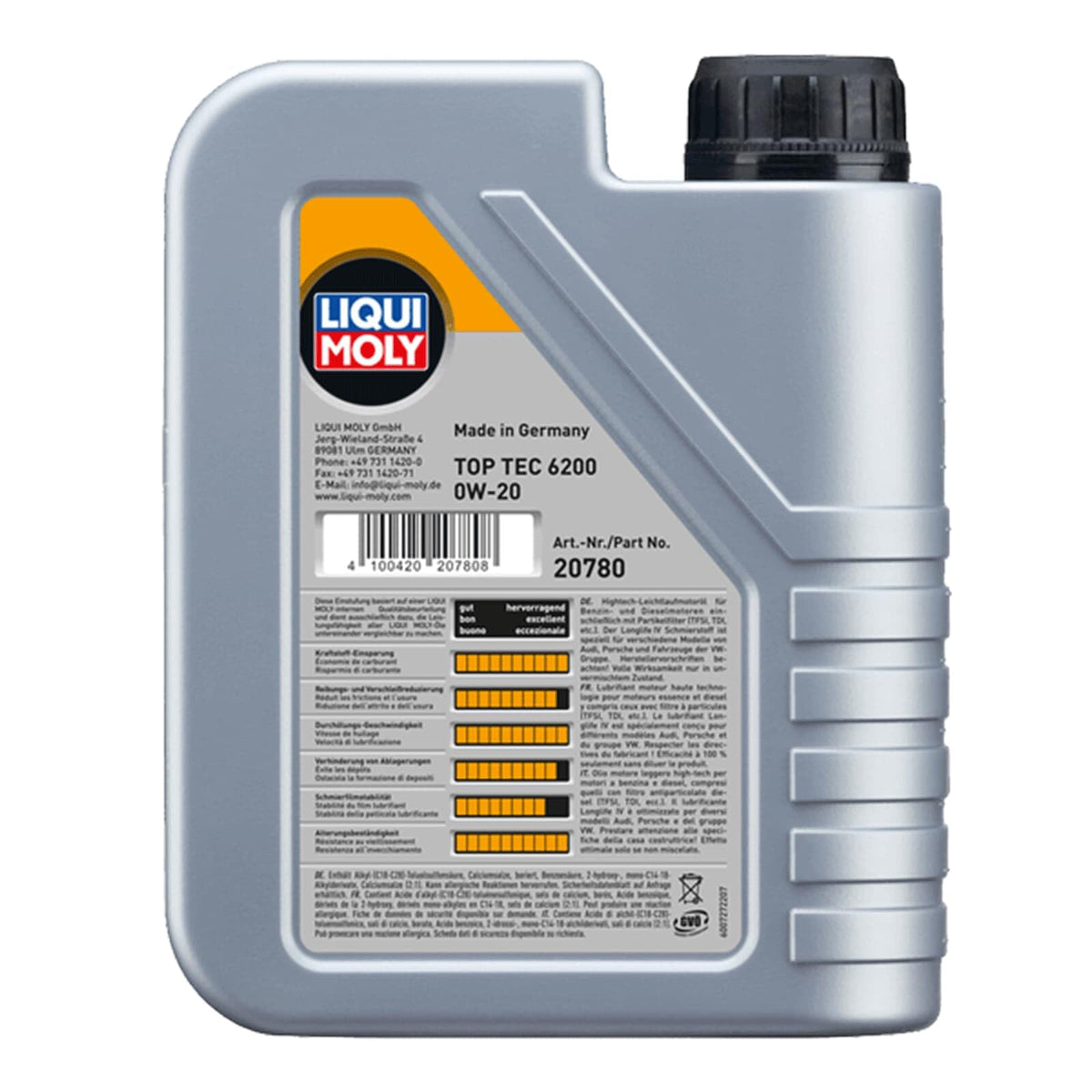 LIQUI MOLY Olio motore Top Tec 0W-20 1 L Compatibilità con VW Polo Hatchback 6R1, 6C1 Golf 7 Hatchback 5G1, BQ1, BE1, BE2 T-Roc A11 Golf 8 Hatchback CD1, AUDI A3 Sportback 8VA, 8VF