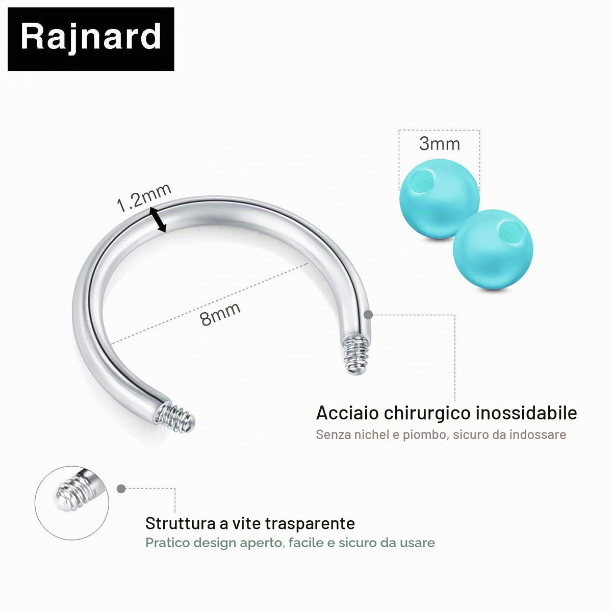 Rajnard Piercing Naso Piercing Septum Anelli 16G 8mm Acciaio Chirurgico e plastica Helix Tragus Piercing Cartilagine Labbro Labbro Anello a Ferro di Cavallo Perla Sfera Fluorescente
