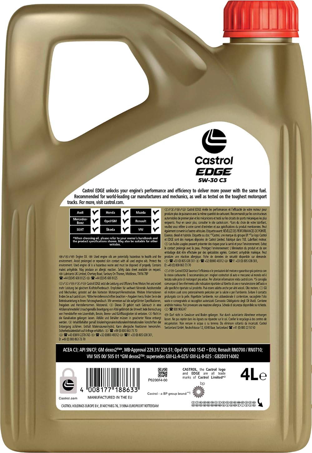Castrol 15530A Olio Castrol Edge 5w-30 C3 Titanium 4l Lubrificante auto