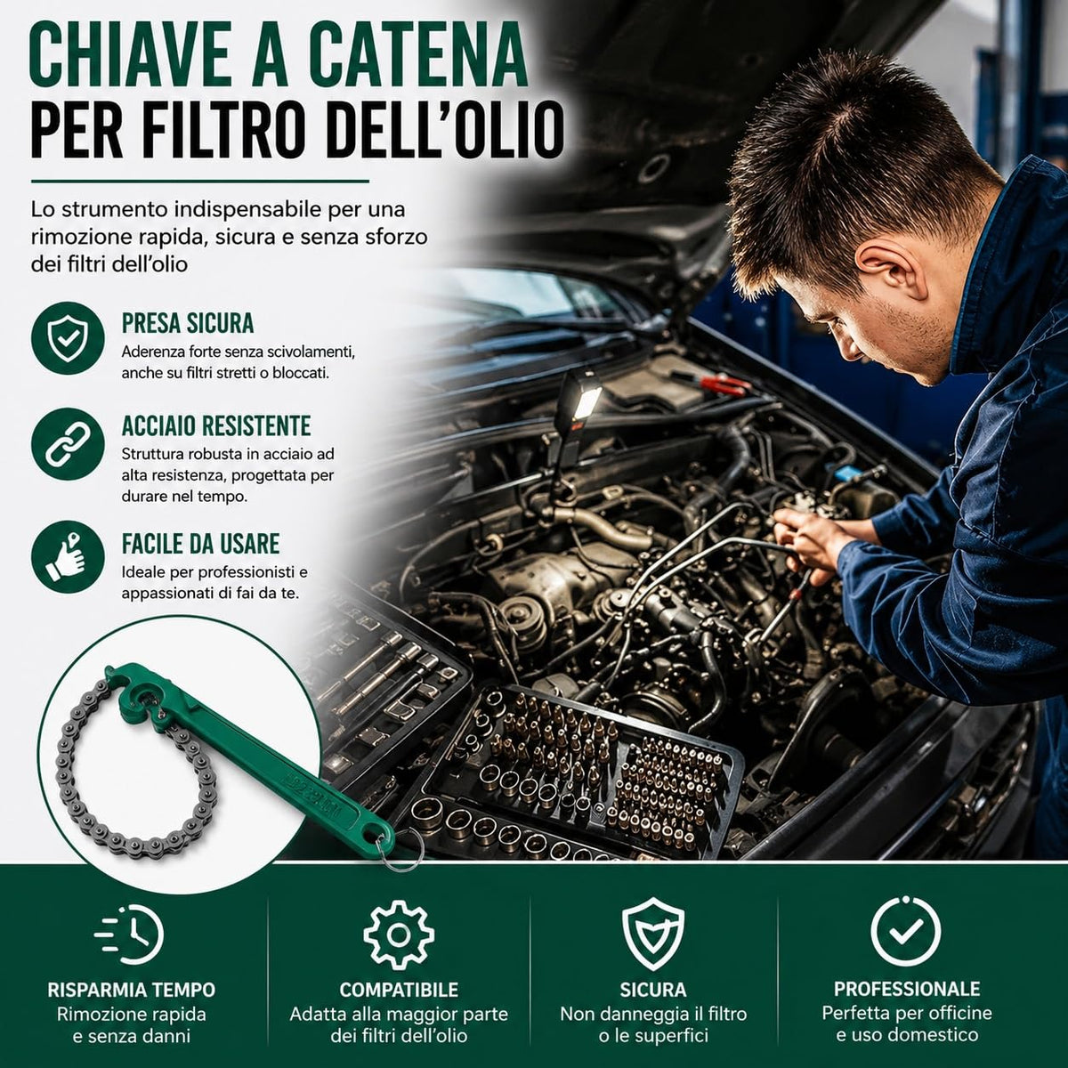 topolenashop Chiave a Catena 9" per Filtro Olio – Estrattore Professionale con Catena Regolabile 420 mm e Manico 220 mm, per Filtri Auto, Moto, Tubi, Raccordi e Componenti Meccanici | 05041