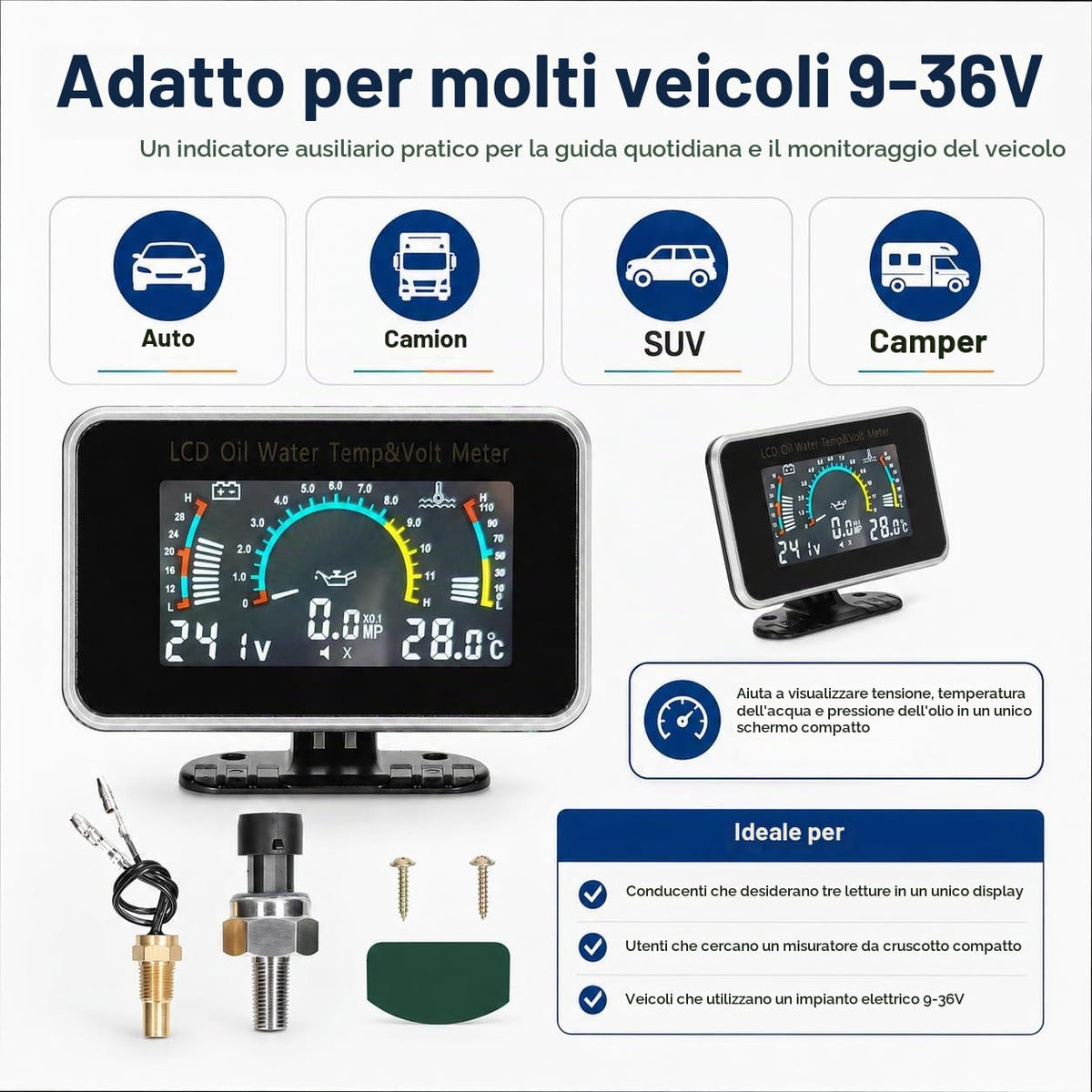 3 su 1 multifunzione auto LCD Digital Display Display Olio Pressione Acqua Temperatura Voltmetro Strumento a scopo universale 9-36 V per auto, camion, o SUV