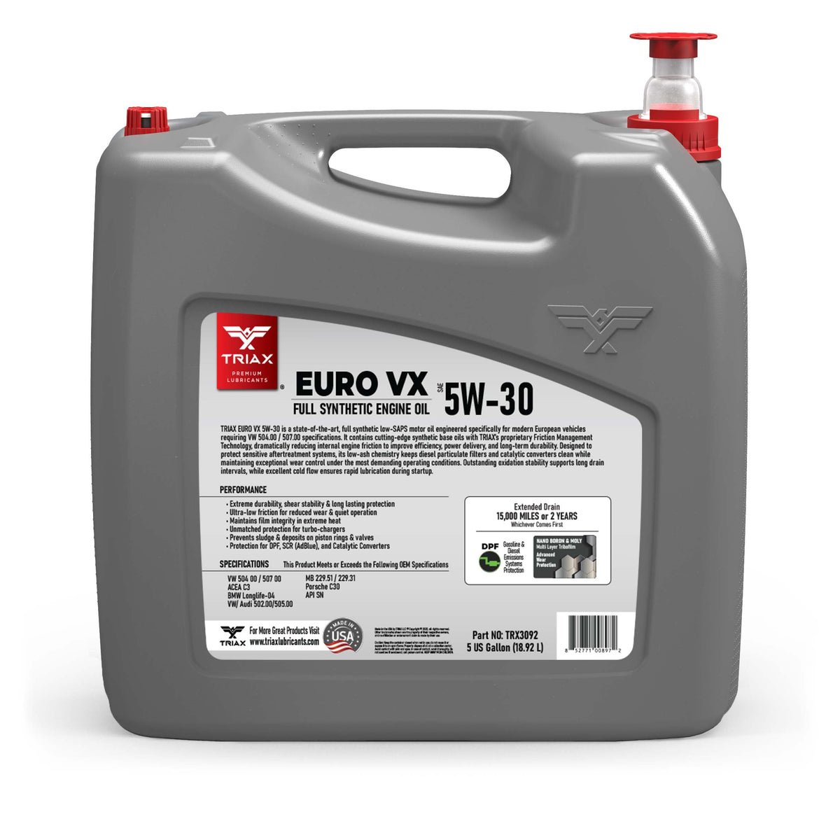 TRIAX Euro VX SAE 5W-30 Olio Motore Sintetico PAO Ester - Motori Benzina e Diesel con DPF e SCR - ACEA C3 API SP - VW/Audi 504.00 507.00 502.00 505.01 - BMW LL-04 - MB 229.51 229.31 (3 x 5 quarts)