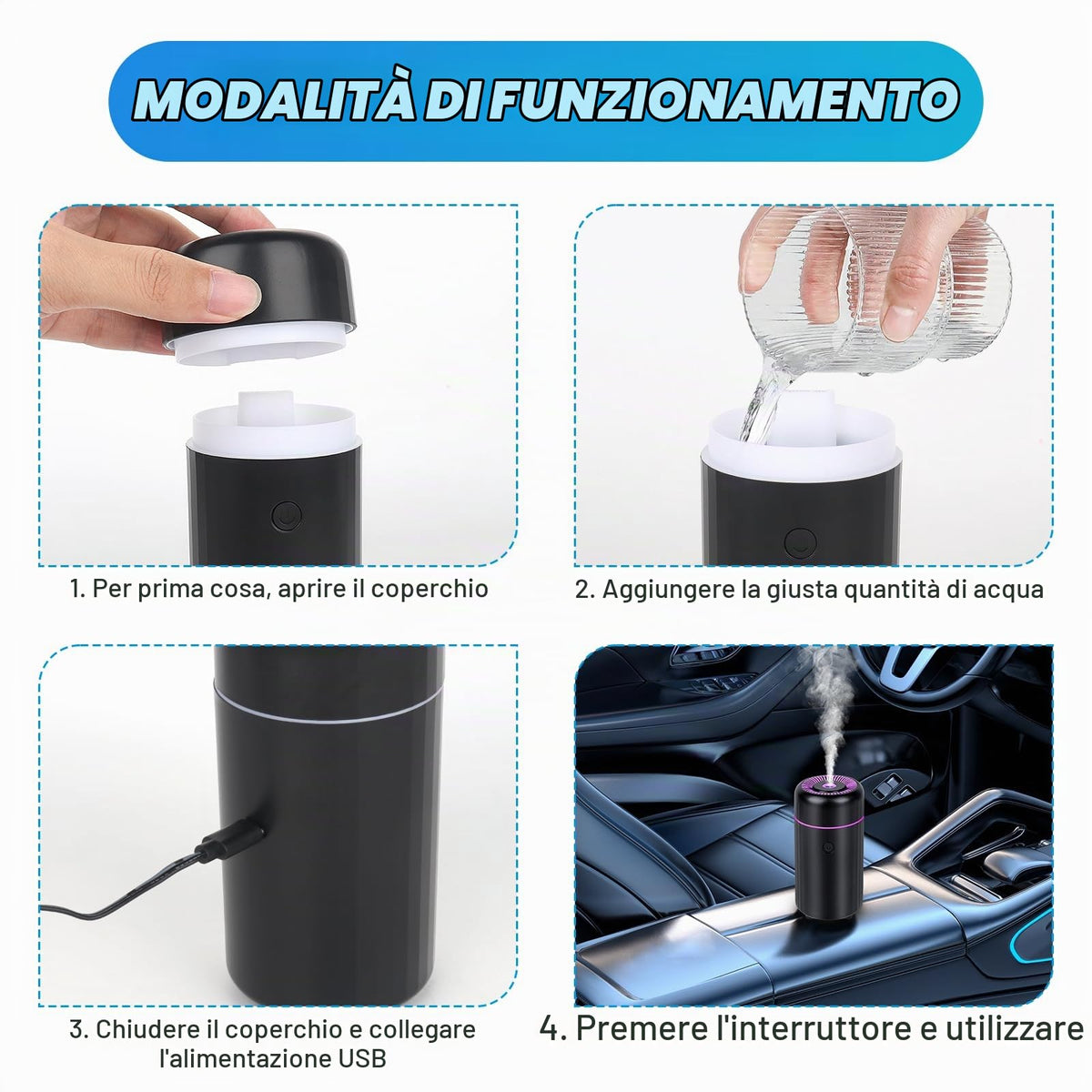 HIULLEN Deodorante per Auto, Diffusore di Oli Essenziali USB, Diffusore di Aromi per Oli Essenziali, 2 Modalità Nebbia Mini Umidificatore per Auto Ufficio Camera da Letto Casa Viaggi