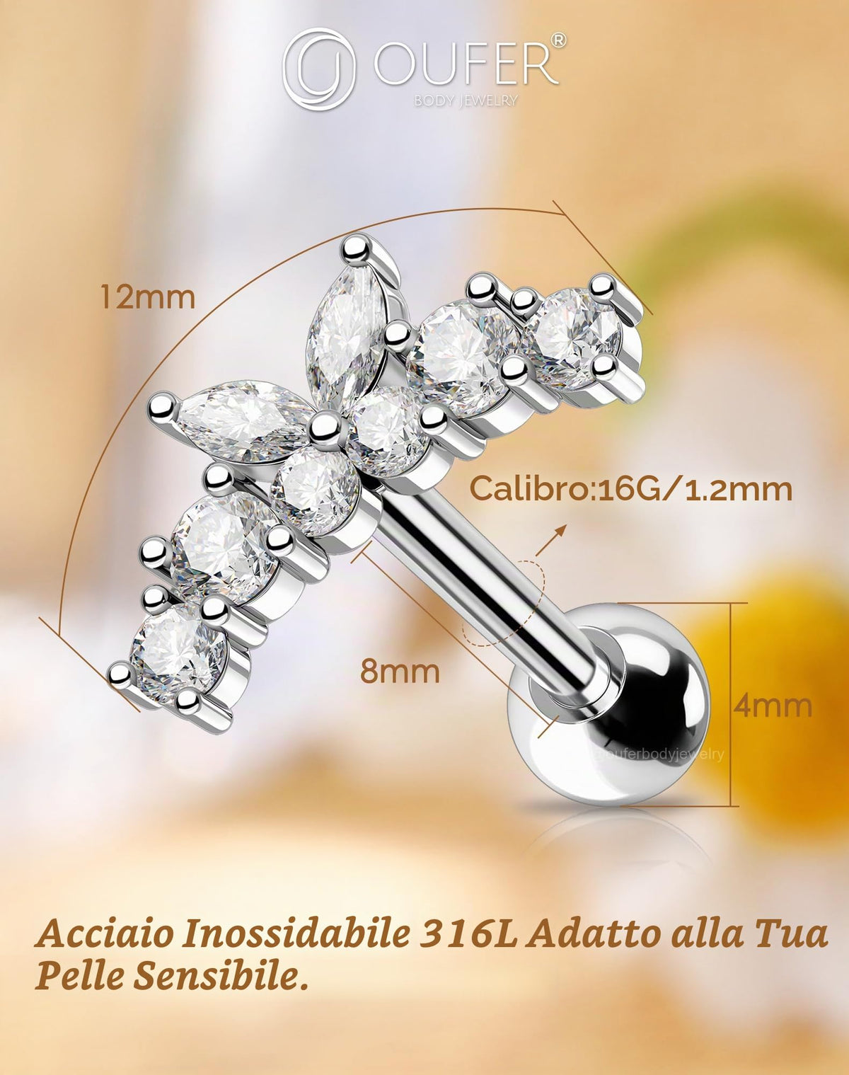 OUFER 16G Farfalla Orecchino Conch Acciaio Inossidabile 316L Piercing Helix Orecchino Cartilagine 8 mm Conch Piercing CZ Trasparente Piercing al Corpo