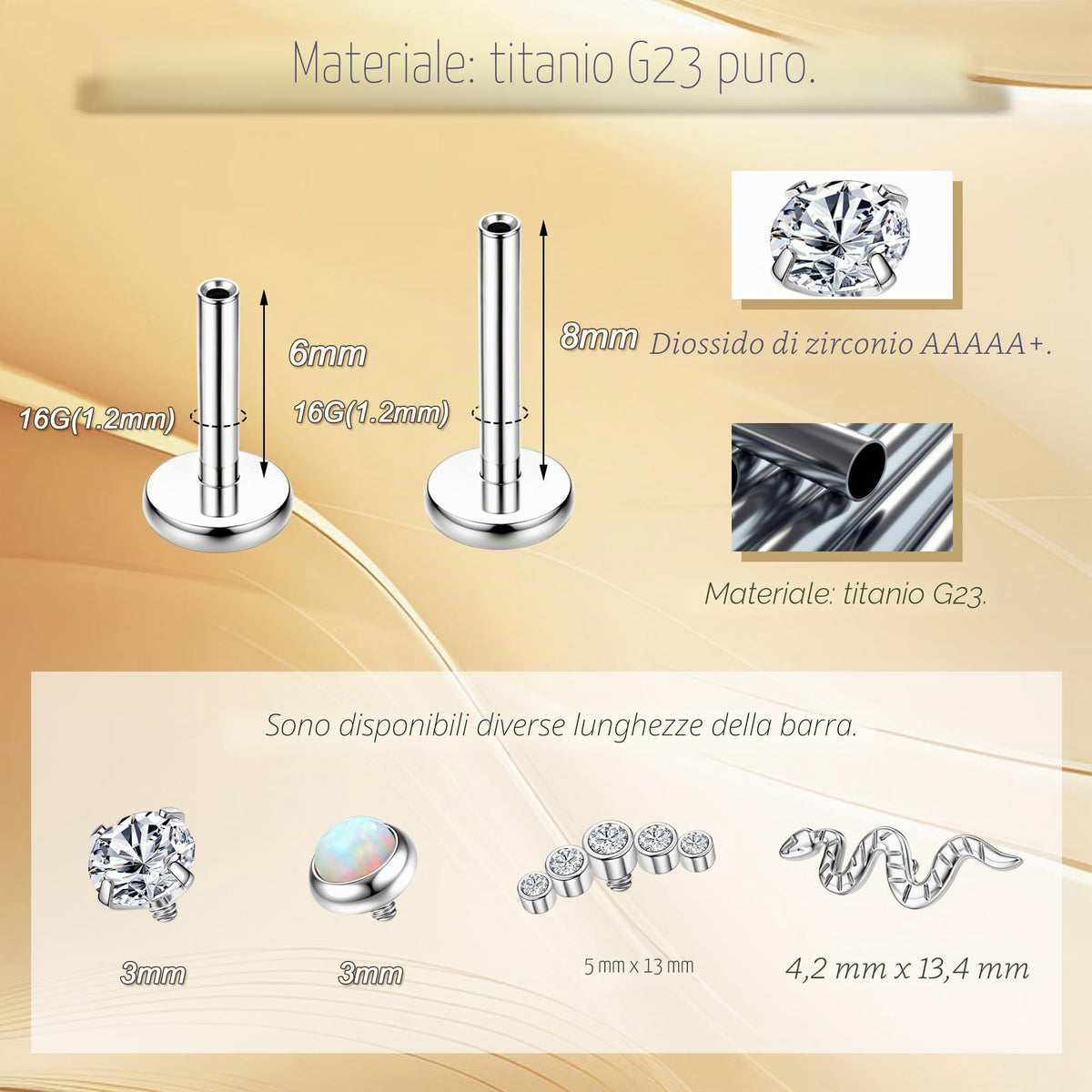 FIOROYAL 4 Pezzi 16G Orecchini Trago in Titanio Orecchini Cartilagine per Donne Ipallergenici Perno con Schiena Piana Internamente Filettato Gioielli per Piercing Labbro Avanti Elica Medusa 6