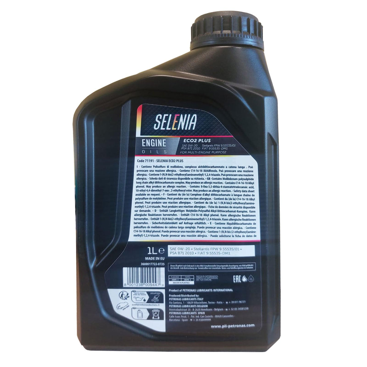 5 LITRI OLIO MOTORE SELENIA ECO-2 SAE 0W20 ORIGINALE by PETRONAS ACEA C5 SPECIFICO PER MOTORI EURO 6. NUOVA VERSIONE ECO2 PLUS