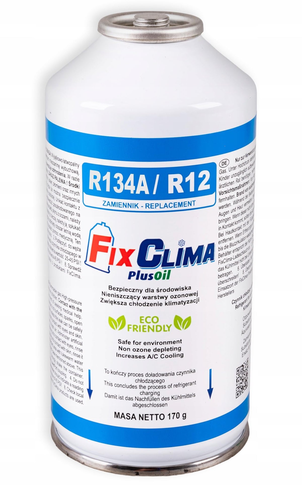 FixClima R134a R12 - Set di ricarica di gas refrigerante per auto dal 1994 al 2016, 5 bombolette da 170 g di gas refrigerante con olio integrato