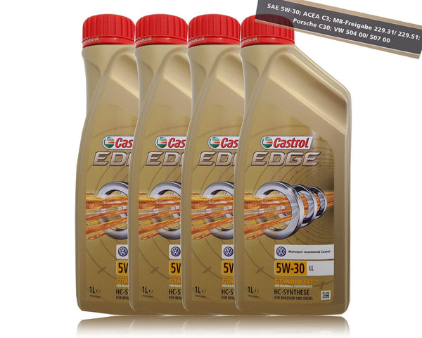 4 x 1 litro olio Castrol Edge Titanium Fst 5 W-30, LL, VW 504 00/507 00 Porsche C30