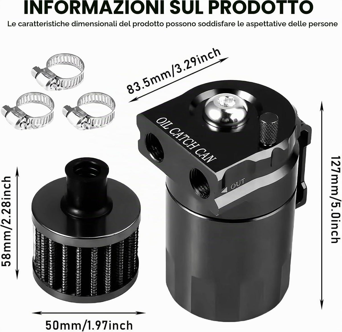 Aicharynic Serbatoio di raccolta dell'olio con filtro dell'aria, 400 ml, contenitore di raccolta dell'olio in alluminio, Oil Catch Tank, serbatoio per auto con accessori, linea carburante da 3/8
