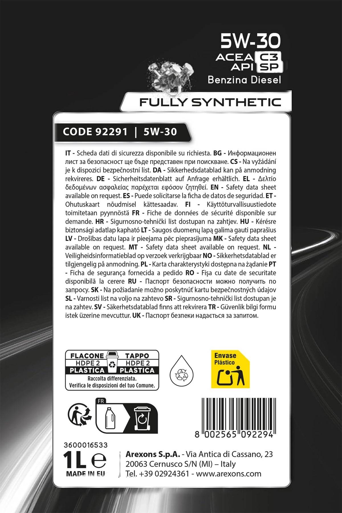 AREXONS Olio Motore 5W-40 4L Sintetico, Riduce i Consumi, Adatto a Motori DPF e TWC, Olio Motore Universale Benzina e Diesel