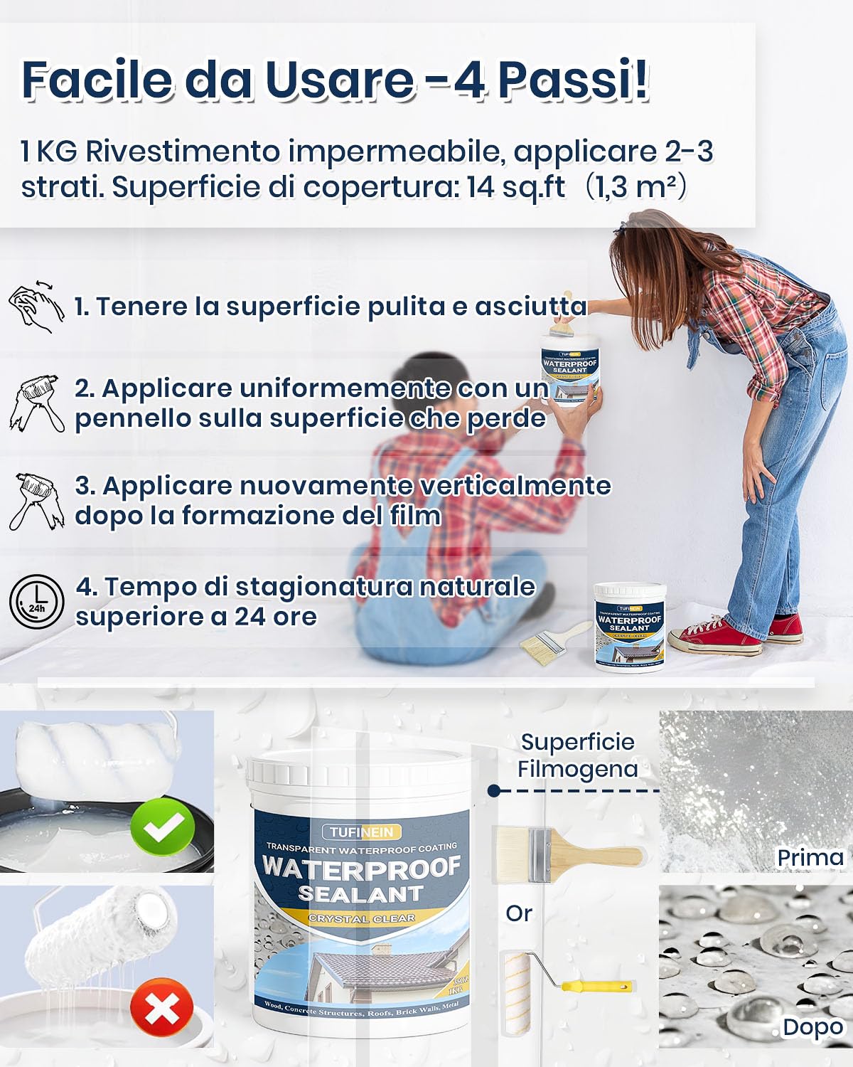 Sigillante Impermeabile Liquido 1KG, TUFINEIN Rivestimento Impermeabile Trasparente Impermeabilizzante Trasparente Guarnizione di Perdite, Interno ed Esterno Colla Impermeabile